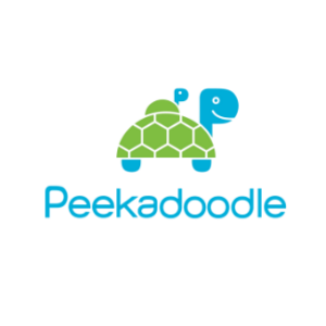 Peekadoodle logo with one baby turtle on top of a parent turtle.
